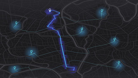 Gps map navigation to own house. City top view. View from above the map buildings. Detailed view of city. Decorative graphic tourist map. Abstract transportation background. Vector, illustration.のイラスト素材