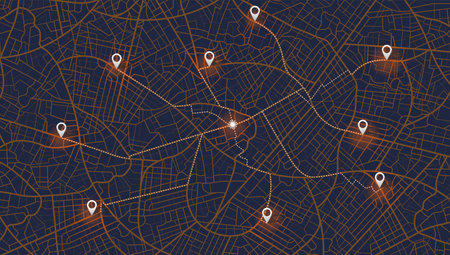 Gps map navigation to own house. City top view. View from above the map buildings. Detailed view of...