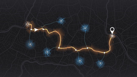 Location tracks dashboard. City street road. Isometric street roads and location, vector background. Huge city top view. Location tracks dashboard.のイラスト素材