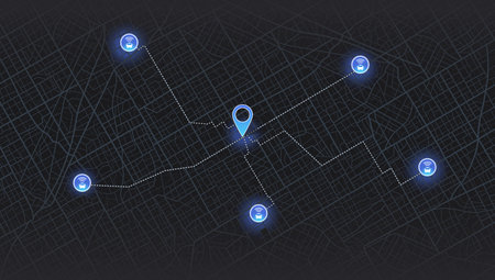 Pick up taxi. Gps map navigation to own house. Detailed view of city. Passenger location sharing for driver. City top view. Online navigation. Quarter residential buildings. Cute simple design. Flat style, Vector, illustration isolated. Autonomous online car sharing serviceのイラスト素材