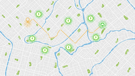 City street road with destination tag or mark. Electric car charging station on parking lot with fast supercharger station and many charger stalls. Vector illustration. Tracking path and route planning from home to office. Determining location on the plan of abstract city.のイラスト素材