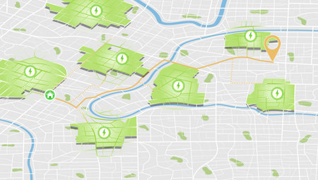City street road with destination tag or mark. Electric car charging station on parking lot with fast supercharger station and many charger stalls. Vector illustration. Tracking path and route planning from home to office. Determining location on the plan of abstract city.のイラスト素材