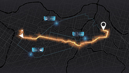 Huge city top view. Futuristic navigate map. Illustration in casual graphic design. fragments of town. Street roads and location, vector background. Garish vector illustration of roadmap.のイラスト素材