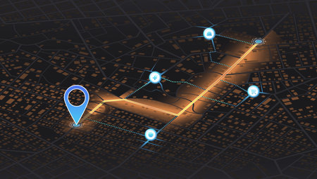 Isometric Location tracks dashboard. City street road. City streets and blocks, route distance data, path turns and destination tag or mark. Huge city top view.のイラスト素材