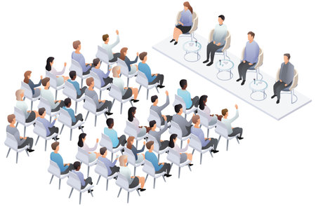 Business conference, presentation, speech. Teamwork business presentation conference coworking workplace brainstorming and discussion isolated. Indicators and schedules process, coaching. Meeting in conference hall. Vector isometric, 3d, illustration.のイラスト素材