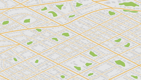 Isometric detailed vector map poster of city, GPS tracking map. Street roads and location, vector background. Garish vector illustration of roadmap. Fragments of town.のイラスト素材