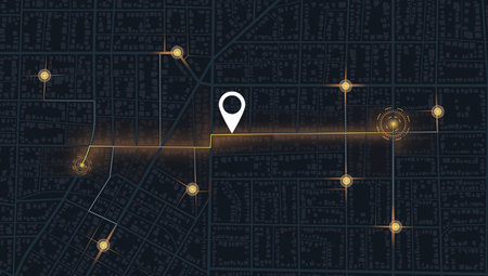 Navigate mapping technology dashboard GPS tracking map, showing movement on the streets of the city. Decorative graphic tourist map. Abstract transportation background. Vector illustrationのイラスト素材
