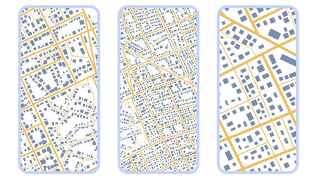 Decorative graphic tourist map of territory. Smartphone map application. App search map navigation. Fragments of town. Futuristic route dashboard gps map tracking. Vector illustration,のイラスト素材