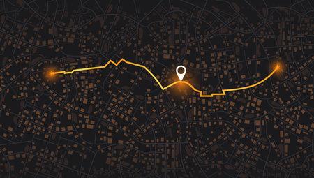 Location tracks dashboard. City street road. City streets and blocks, route distance data, path turns and destination tag or mark. Huge city top view. Isometricのイラスト素材