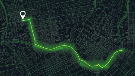 Gps map navigation to own house. City top view. View from above the map buildings. Detailed view of city. Decorative graphic tourist map. Abstract transportation background. Vector, illustration.のイラスト素材