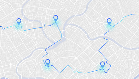 GPS navigator screen with street roads and location, destination points City top view. Online navigation. Flat style, Vector, illustration isolated. Urban highway plan, final destinationのイラスト素材