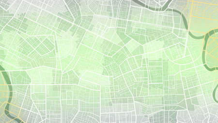 Green city area, background map, streets. Skyline urban panorama. Cartography illustration. Abstract transportation background, streetmap. Widescreen proportion, digita design streetmap. Vectorのイラスト素材