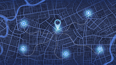 Abstract Map city with gps pins. Direction markers for navigation. Street, road, park, river on plan town. Background with location system. Urban map with pointers, signs, arrows for travel. Vectorのイラスト素材