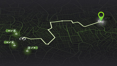 Abstract map background. Colorful abstract lines and geometric shapes for dynamic cartographic texture. for web design, presentations, and advertising projects. Vector illustration. Dashboard with roadmap, satellite and location.のイラスト素材