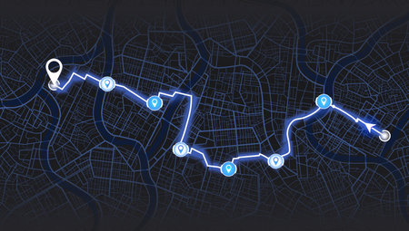 Huge city top view. Map city with gps pins. Direction markers for navigation. Street, road, park, river on plan town. Alternative way with location system. Urban map with pointers. Urban map with information pointers, signs, arrows for travel. Vector illustration. Black backgroundのイラスト素材