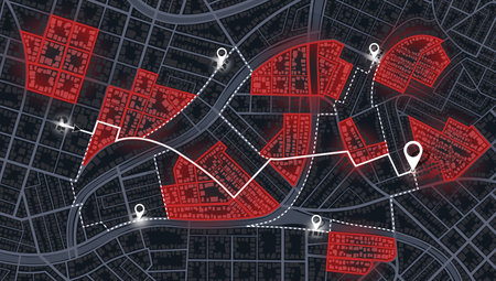 Map of the route with data on the distance, turns of the route. Blocked areas, roads. Abstract map with blocked streets, fenced off sections of the path. Huge view of the city from above. Vectorのイラスト素材