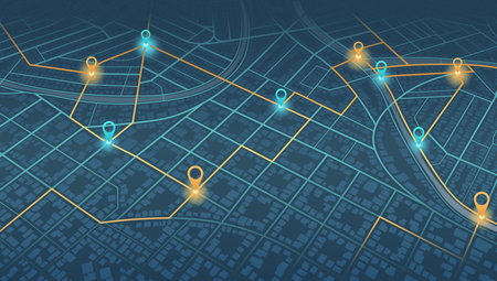 Main road throughout map. Isometric Navigation mapping technology for obtaining data on distance and turns of the path. The path from a point to the intended goal, many destinations, signs. City streets and blocks, route distance data, path turns and destination tag or mark. Vector, illustration.のイラスト素材
