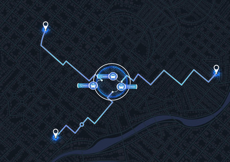 Main road throughout map. Navigation mapping technology for obtaining data on distance and turns of...