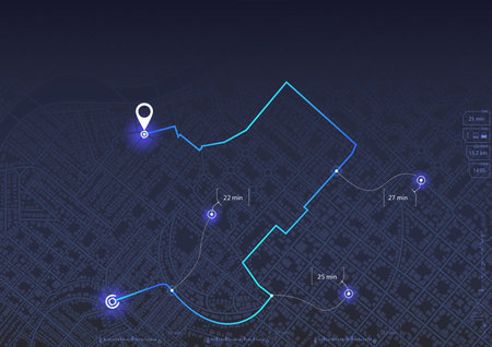 Main road throughout map. Navigation mapping technology for obtaining data on distance and turns of the path. The path from a point to the intended goal, many destinations, signs. City streets and blocks, route distance data, path turns and destination tag or mark. Vector, illustration.のイラスト素材