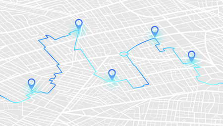 Main road throughout map. Isometric Navigation mapping technology for obtaining data on distance and turns of the path. The path from a point to the intended goal, many destinations, signs. City streets and blocks, route distance data, path turns and destination tag or mark. Vector, illustration.のイラスト素材