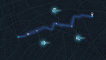 Main road throughout map. Navigation mapping technology for obtaining data on distance and turns of the path. The path from a point to the intended goal, many destinations, signs. City streets and blocks, route distance data, path turns and destination tag or mark. Vector, illustration.のイラスト素材