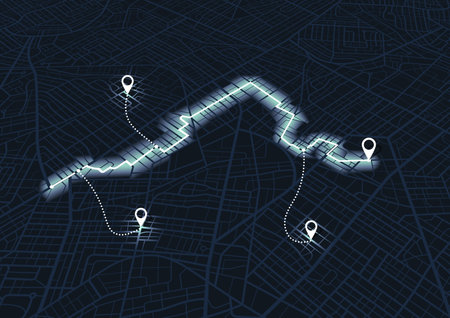 Isometric Decorative graphic tourist map of territory. The path marked on the map to the designated point. Fragments of town. Futuristic route dashboard gps map tracking. Vector illustration. Abstract background.のイラスト素材