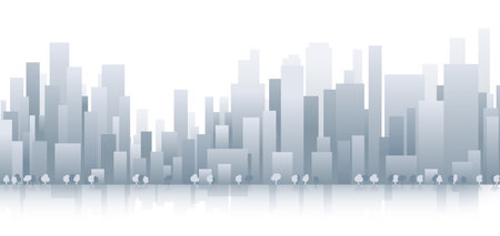 Vector illustration of city skyline with clouds, morning sky, buildings, cityscape for background. Urban silhouette landscape of modern city. Panorama in frat style. Abstract horizontal cityscape A visually stunning composition of lines and geometric elements, resembling a city.のイラスト素材