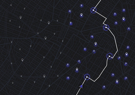 Abstract Map Background. Colorful abstract lines and geometric shapes for dynamic cartographic texture, poi. City streets, route distance data, path turns, destination tag or mark. Location tracks. Suitable for print and digital media.のイラスト素材