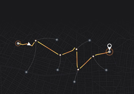 Main road throughout map. Navigation mapping technology for obtaining data on distance and turns of the path. The path from a point to the intended goal, many destinations, signs. City streets and blocks, route distance data, path turns and destination tag or mark. Vector, illustration.のイラスト素材