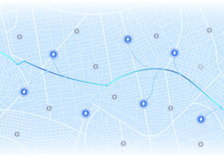 Location EV charging station location mark on gps navigation map a lot with fast supercharger station. Path turns and destination tag or mark. Huge city top view. Tracking path and route. vectorのイラスト素材