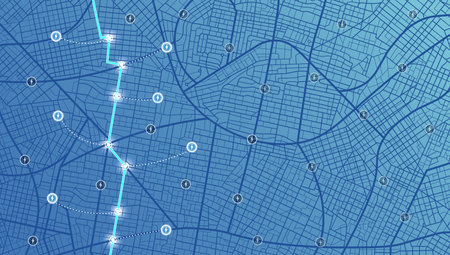 Abstract transportation background with POI. Ideal for transportation-related designs, websites, and promotional materials. Vector illustration. Top view of the city, showcasing the GPS navigation.のイラスト素材