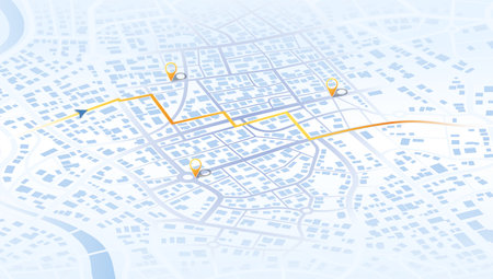 Isometric Gps map navigation to own house. View from above the map buildings. Detailed view of city from above. City top view. Abstract background. Decorative graphic tourist map. Quarter residential buildings. Cute simple design. Flat style, Vector, illustration isolated.のイラスト素材