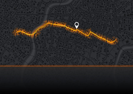 City street road. City streets and blocks, route distance data, path turns and destination tag or mark. Huge city top view. Location tracks dashboard. Vector, illustration. Abstract transportation background.のイラスト素材