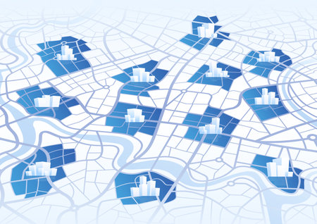 Global logistics network isometric. Abstract banner for on-time deliver, transporting goods. Map with marked delivery locations. Multiple destinations with location system. Route distance data, path turns. destination tag, Vectorのイラスト素材