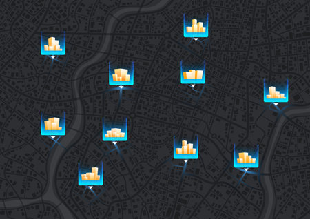 Global logistics network. Abstract banner for on-time deliver, transporting goods. Map with marked delivery locations. Multiple destinations with location system. Route distance data, path turns. destination tag, Vectorのイラスト素材