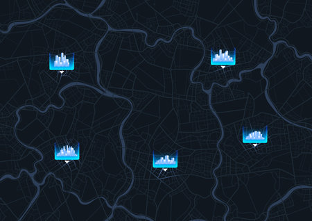 Abstract Map city with pins. Direction markers for navigation. Street, road, river on plan town. Background with location system. Urban map with information pointers. Multiple destinations. Vector illustrationのイラスト素材