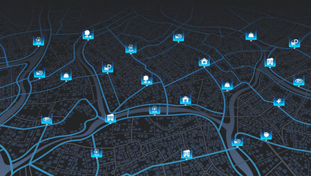 Determining the location on the plan of an abstract city. Path turn, destination mark. Huge view of the city from above. Isometric background vector. Establishments, gas stations, parks, restaurantsのイラスト素材