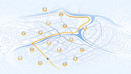 Isometric. The path from a point to the intended goal, many destinations, signs. main road throughout map. Navigation mapping technology for obtaining data on distance and turns of the path. Vectorのイラスト素材
