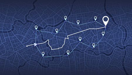 Location EV charging station location mark on gps navigation map a lot with fast supercharger station. Path turns and destination tag or mark. Huge city top view Tracking path, route. vector isometricのイラスト素材