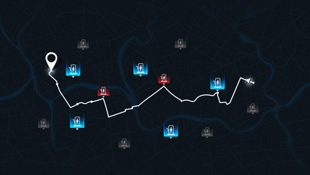 Location EV charging station location mark on gps navigation map a lot with fast supercharger station. Path turns and destination tag or mark. Huge city top view Tracking path, route. vector isometricのイラスト素材