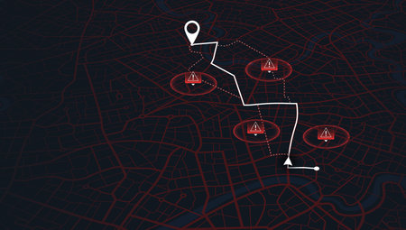 Map of the route with data on the distance, turns of the route. Blocked areas, roads. Abstract map with blocked streets, fenced off sections of the path. Huge view of the city from above. Vectorのイラスト素材