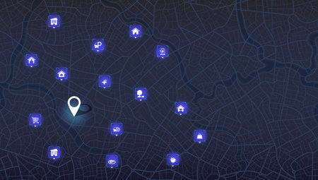 Abstract Map city. Multiple destinations with location system. Direction markers for navigation to town. Location system. Urban map for travel. Route distance data, path turns. destination tag, Vectorのイラスト素材