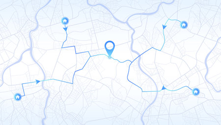 Isometric Gps map navigation to own house. View from above the map buildings. Detailed view of city from above. City top view. Abstract background. Decorative graphic tourist map. Quarter residential buildings. Cute simple design. Flat style, Vector, illustration isolated.のイラスト素材