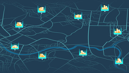 Global logistics network isometric. Abstract banner for on-time deliver, transporting goods. Map with marked delivery locations. Multiple destinations with location system. Route distance data, path turns. destination tag, Vectorのイラスト素材
