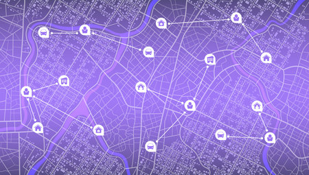 Abstract transportation background with POI. Ideal for transportation-related designs, websites, and promotional materials. Establishments, gas stations, parks, restaurants. Streets, blocks, route for movement on the streets.のイラスト素材