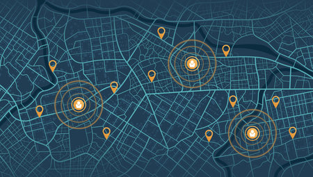 Map city with gps pins. Direction markers for navigation. Street, road, park, river on plan town. Alternative way with location system. Urban map with pointers. Urban map with information pointers, signs, arrows for travel. Vector illustration. Black backgroundのイラスト素材