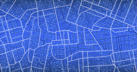 City top view. View from above the map buildings. Gps map. Detailed view of city from above. Decorative graphic tourist map. Quarter residential buildings. Vector, illustration. Abstract transportation background.のイラスト素材
