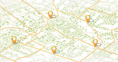Multiple destinations, isometric. Gps tracking map. Track navigation pins on street maps, navigate mapping technology and locate position pin. Futuristic travel gps map or location navigator vector illustrationのイラスト素材