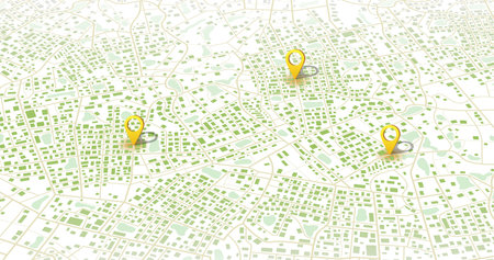 Multiple destinations, isometric. Gps tracking map. Track navigation pins on street maps, navigate mapping technology and locate position pin. Futuristic travel gps map or location navigator vector illustrationのイラスト素材
