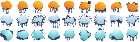 Set of ink blots. Abstract artistic ink splatter paint splatter, drops, dots, wet dye prints. Watercolor paint brush texture. Grunge water, spray drop spatter, dirty blot splatters and splash silhouettes. Vector illustration white background.のイラスト素材